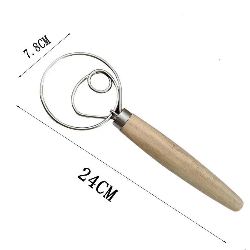 Danish Dough Whisk Stainless Steel Bread Mixer Wooden Handle Baking Tool