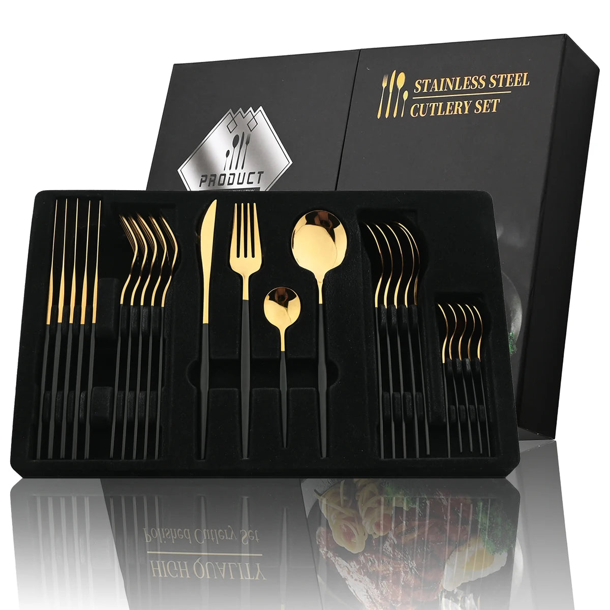 24-Piece Black Handle Gold Cutlery Set Stainless Steel Flatware