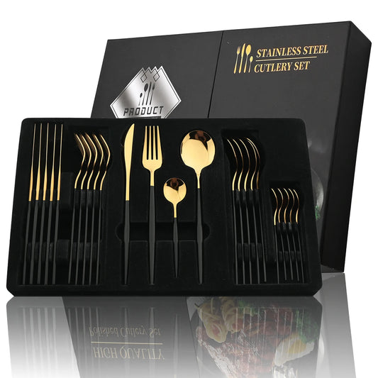 24-Piece Black Handle Gold Cutlery Set Stainless Steel Flatware