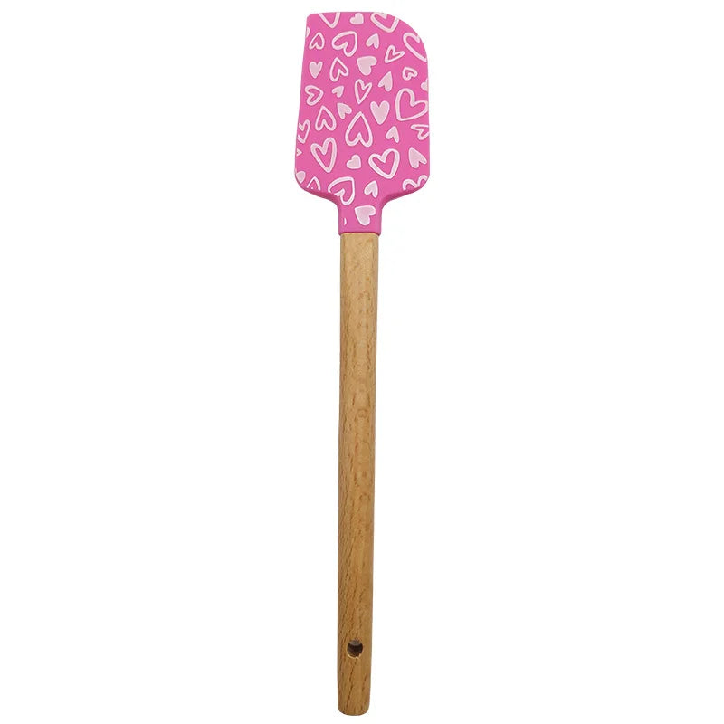 Heart Pattern Silicone Spatula with Wooden Handle for Baking and Mixing