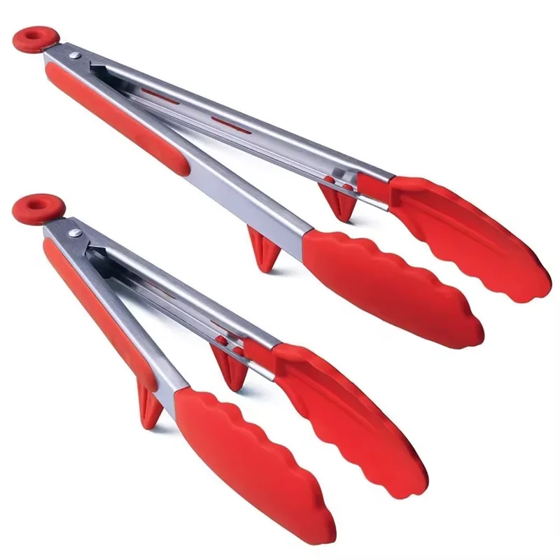 LMETJMA Heat Resistant Stainless Steel Cooking Tongs with Silicone Tips and Stand