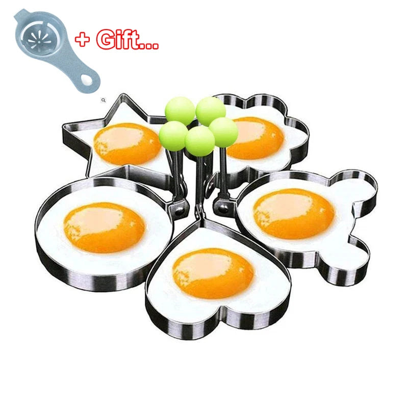 5pcs Stainless Steel Egg Mold Set: Round, Heart, Flower, Star, Mickey Shapes