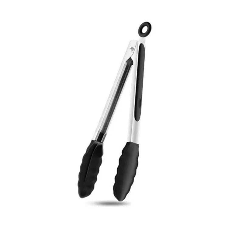 Black Silicone Stainless Steel BBQ Tongs for Cooking and Camping