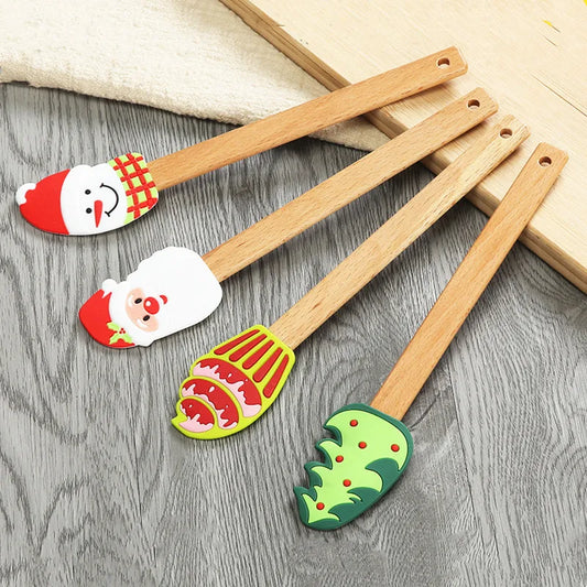 Christmas Silicone Spatula Santa Snowman Mixer Scraper with Wooden Handle