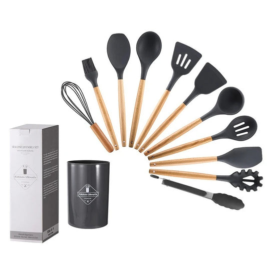 12PCS Silicone Kitchen Utensils Set Non-Stick Cookware with Wooden Handles