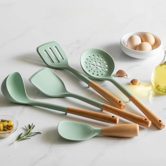 Silicone Kitchen Utensils Set: Spatula, Shovel, Spoon with Wood Handle