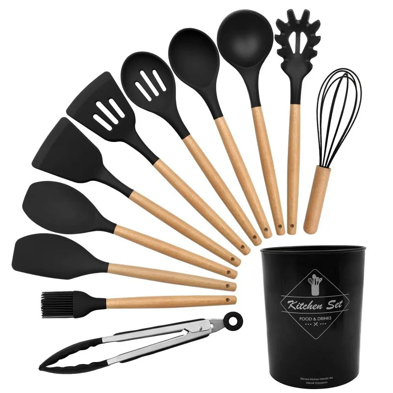 12-Piece Silicone Kitchen Utensils Set with Wood Handles and Holder