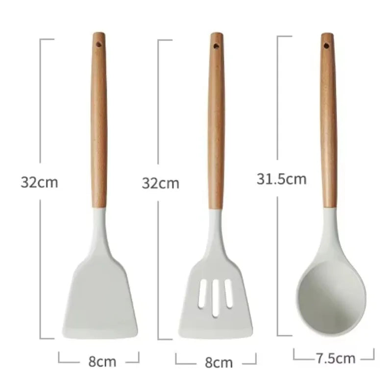 Silicone Kitchen Utensil Set with Wooden Handles - Non-Stick, Heat Resistant Spatula and Spoon