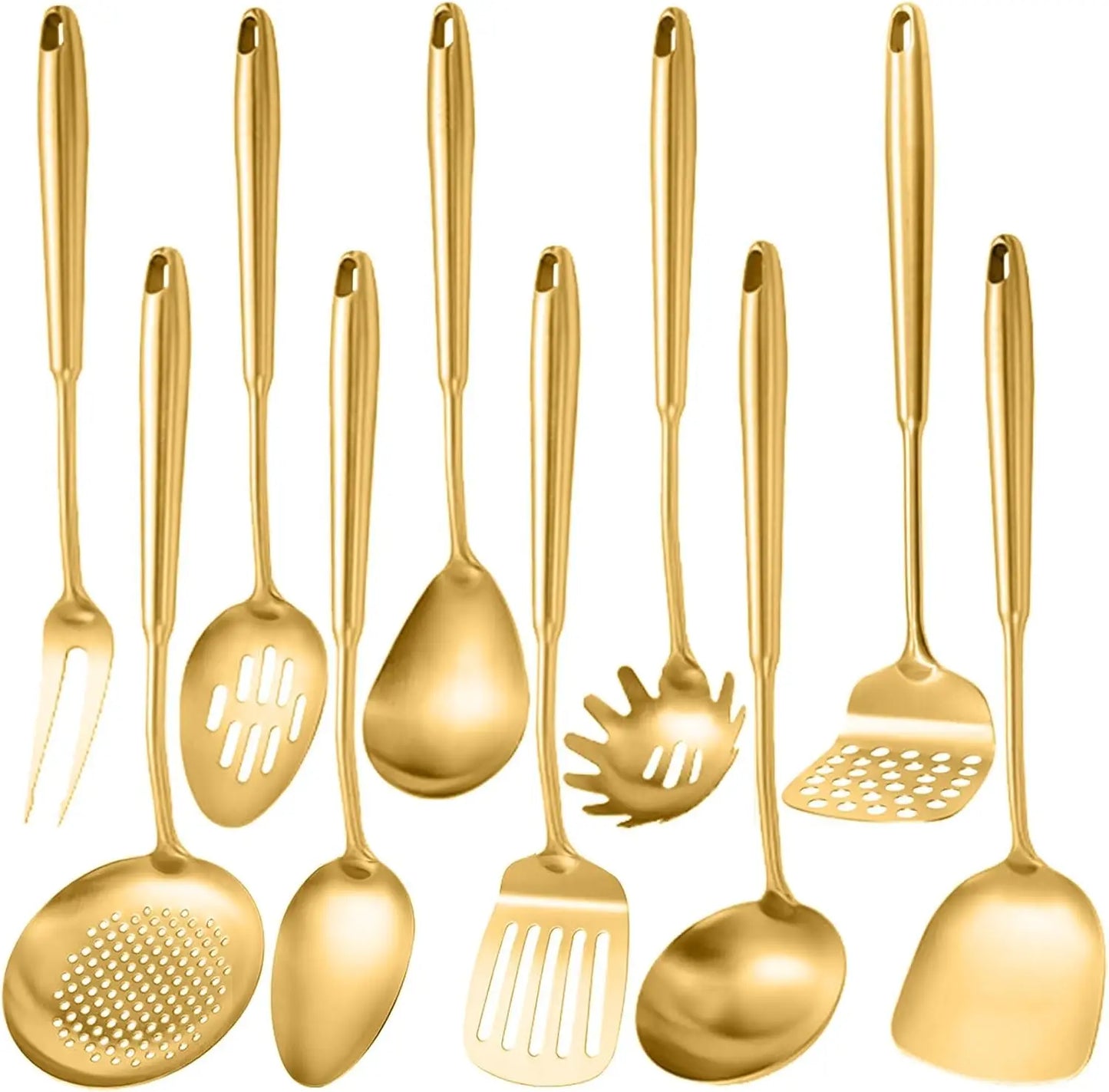 Gold Stainless Steel Kitchen Utensil Set: Masher, Spoon, Fork, Spatula, Ladle