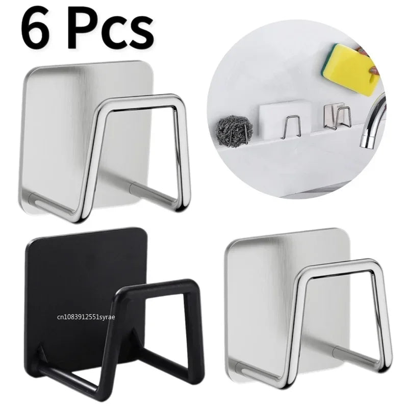 Stainless Steel Sink Sponge Holder Self Adhesive Drying Rack Wall Hooks Organizer