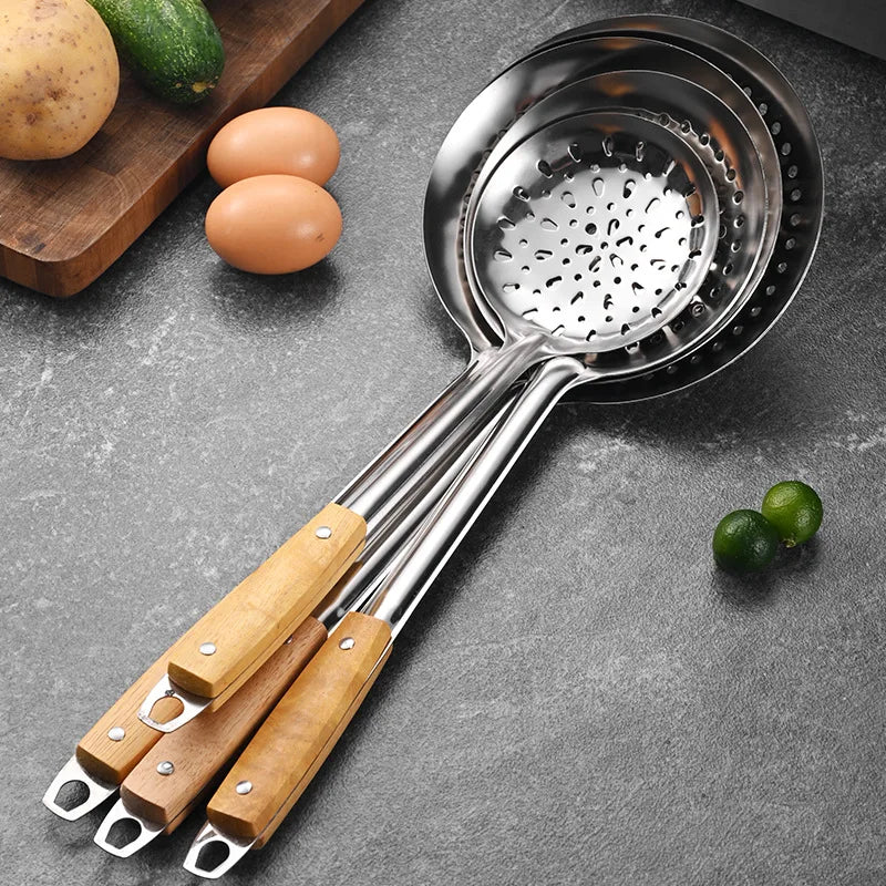 Wooden Handle Stainless Steel Colander Skimmer Strainer