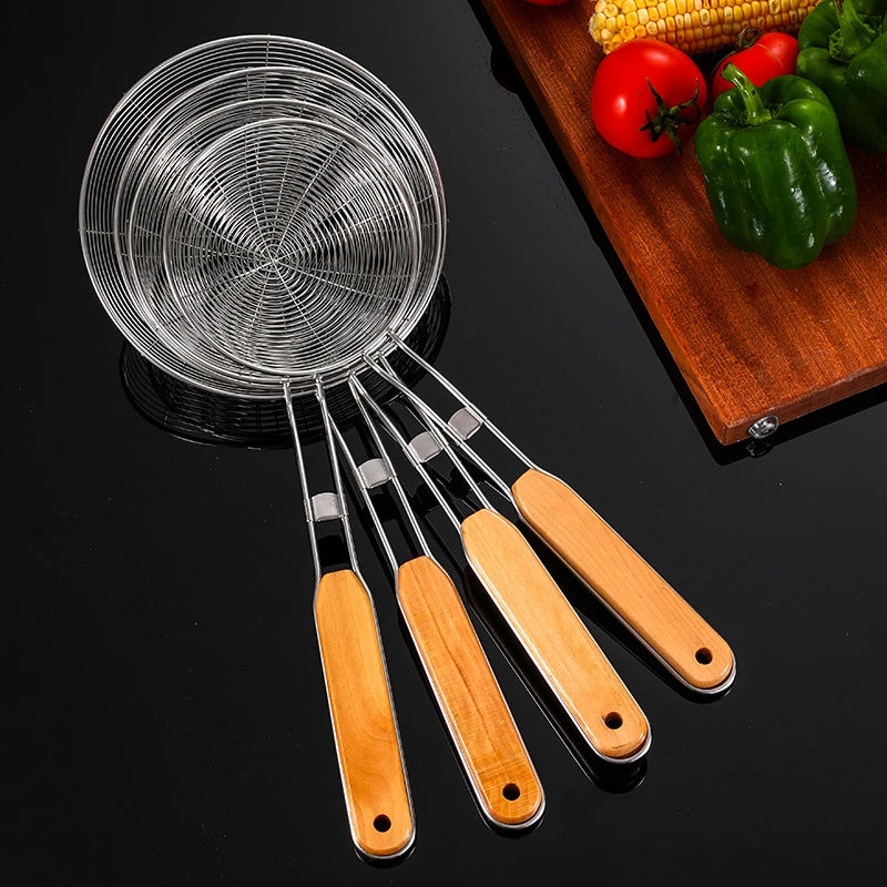 Stainless Steel Colander Strainer with Wooden Handle Oil Skimmer Mesh Sieve