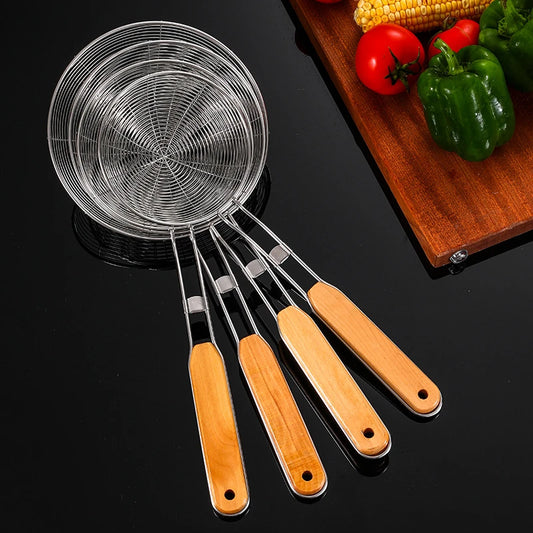 Stainless Steel Colander Strainer with Wooden Handle Oil Skimmer Mesh Sieve