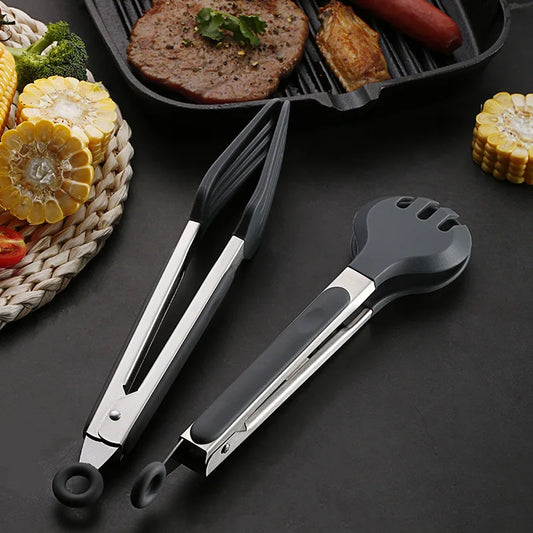 Silicone Anti-Scald BBQ Tongs Stainless Steel Non-Stick Kitchen Utensils