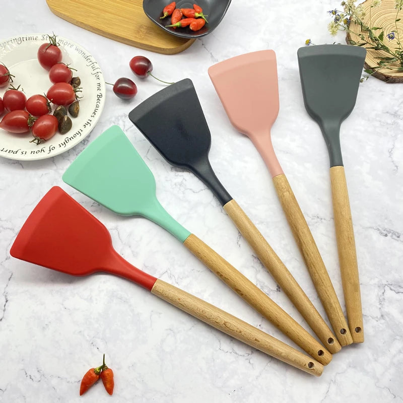 Silicone Spatula with Long Wooden Handle for Cooking and Scraping