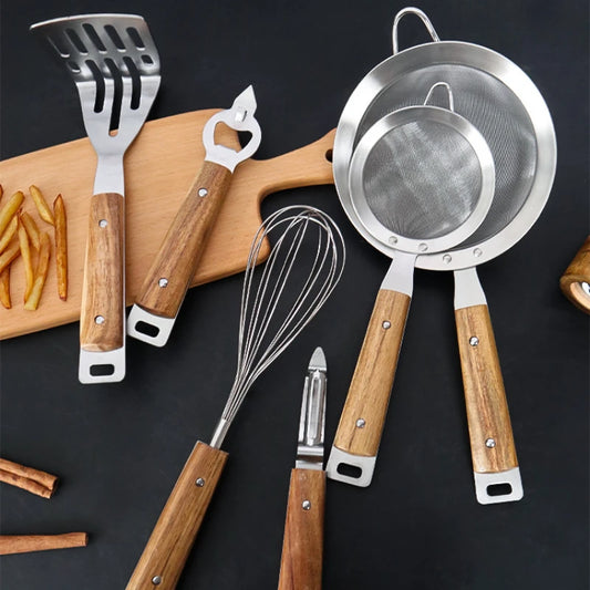 Wooden Handle Kitchen Tools: Masher, Paring Knife, Egg Beater, Bottle Opener, Stainless Steel Oil Compartment