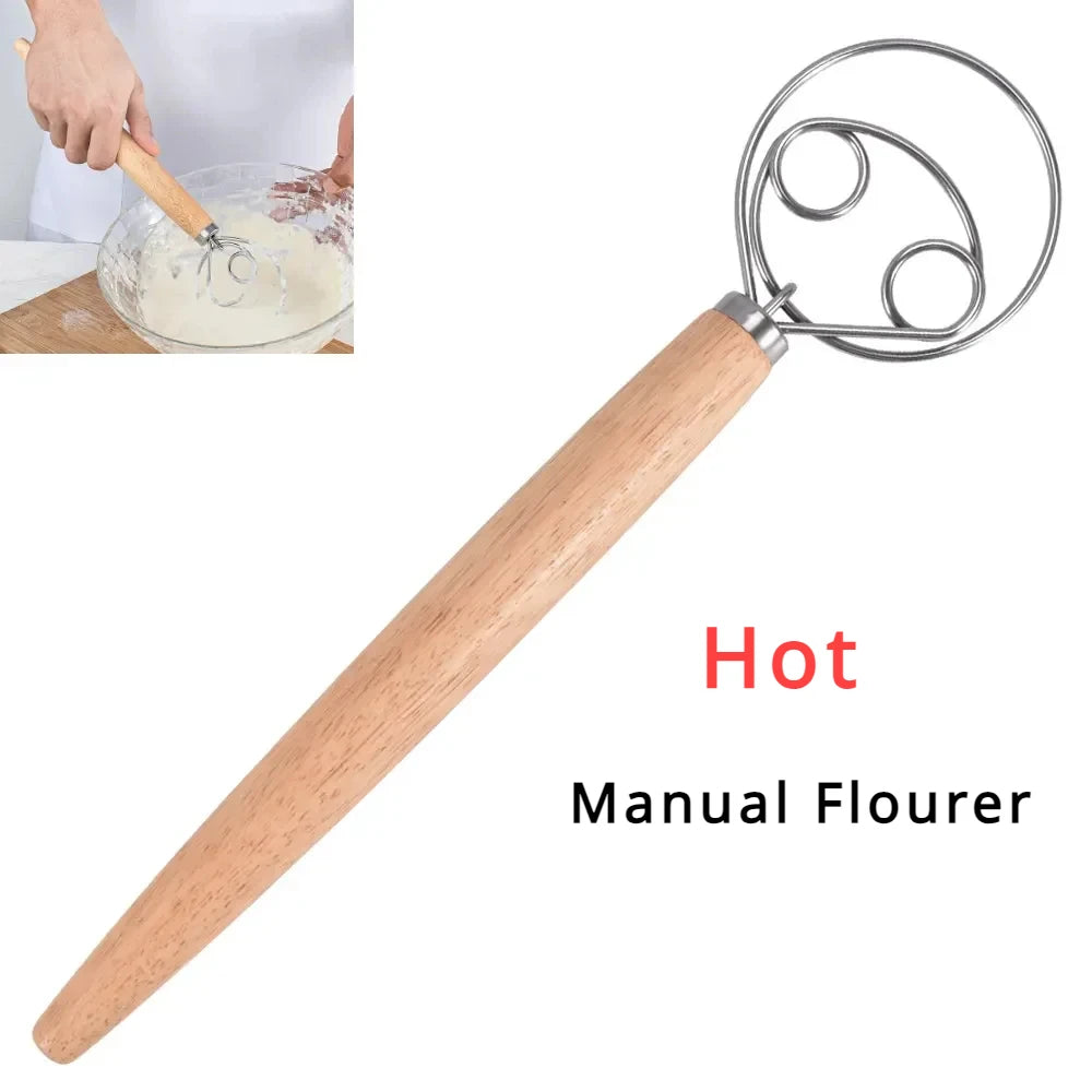 Danish Dough Whisk Stainless Steel Bread Mixer Wooden Handle Baking Tool