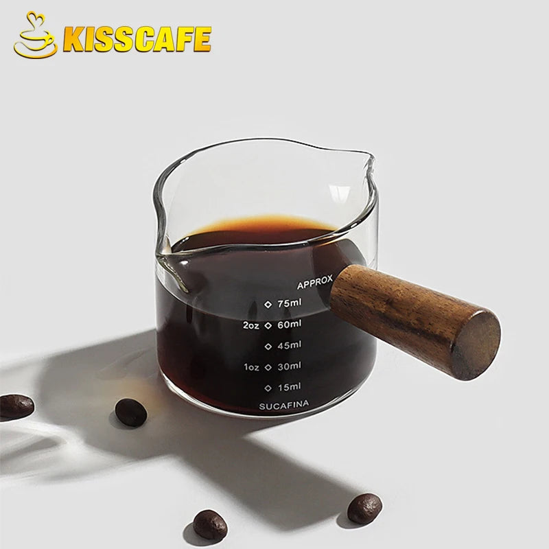 Espresso Measuring Cup 75ml 100ml Shot Glass Wooden Handle Scale Milk Jug Latte Barista Tool