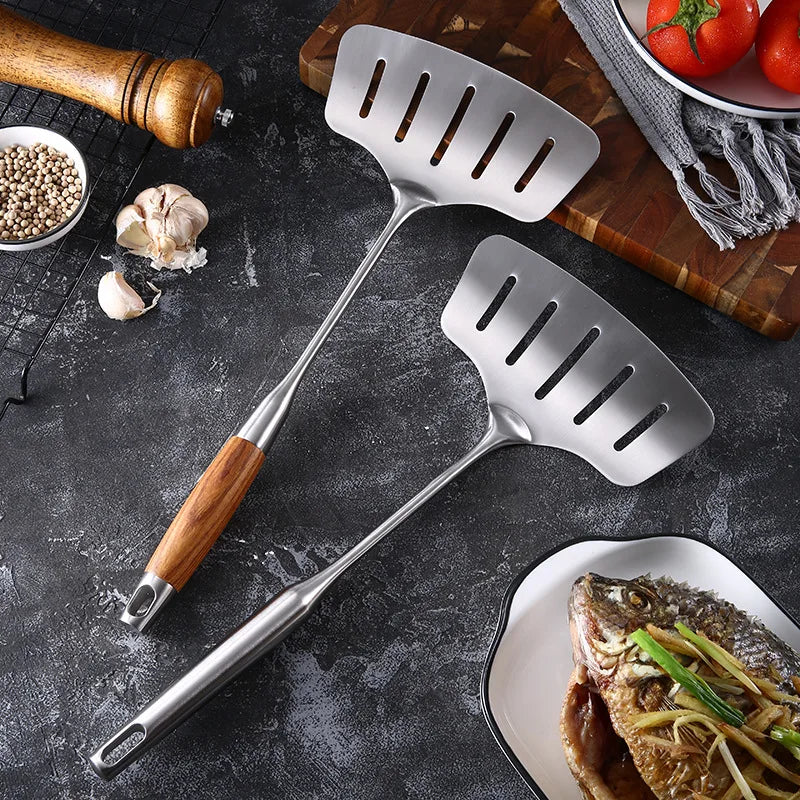 Stainless Steel Nonstick Fish Frying Spatula with Long Wood Handle