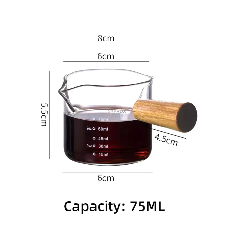 Espresso Measuring Cup 75ml 100ml Shot Glass Wooden Handle Scale Milk Jug Latte Barista Tool