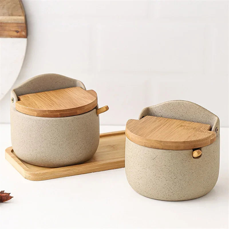 Ceramic Spice Jar with Bamboo Lid and Spoon