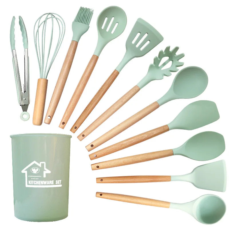 12PCS Silicone Non-Stick Kitchen Utensils Set with Wooden Handles