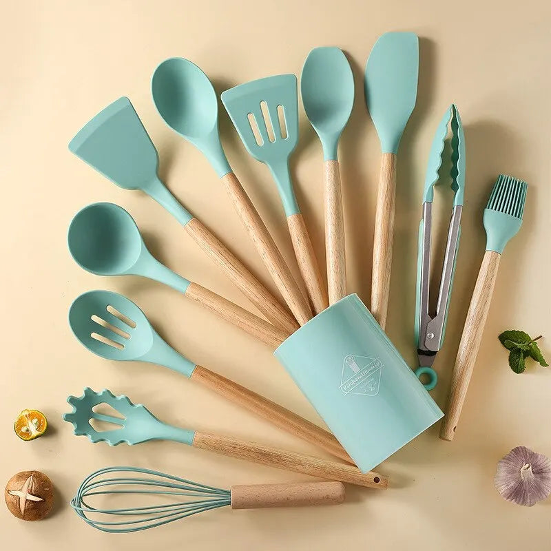 12-Piece Silicone Kitchen Utensils Set with Wooden Handles and Storage Bucket