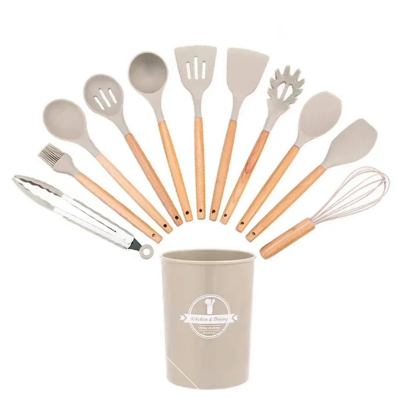 12-Piece Silicone Kitchen Utensil Set with Wooden Handles