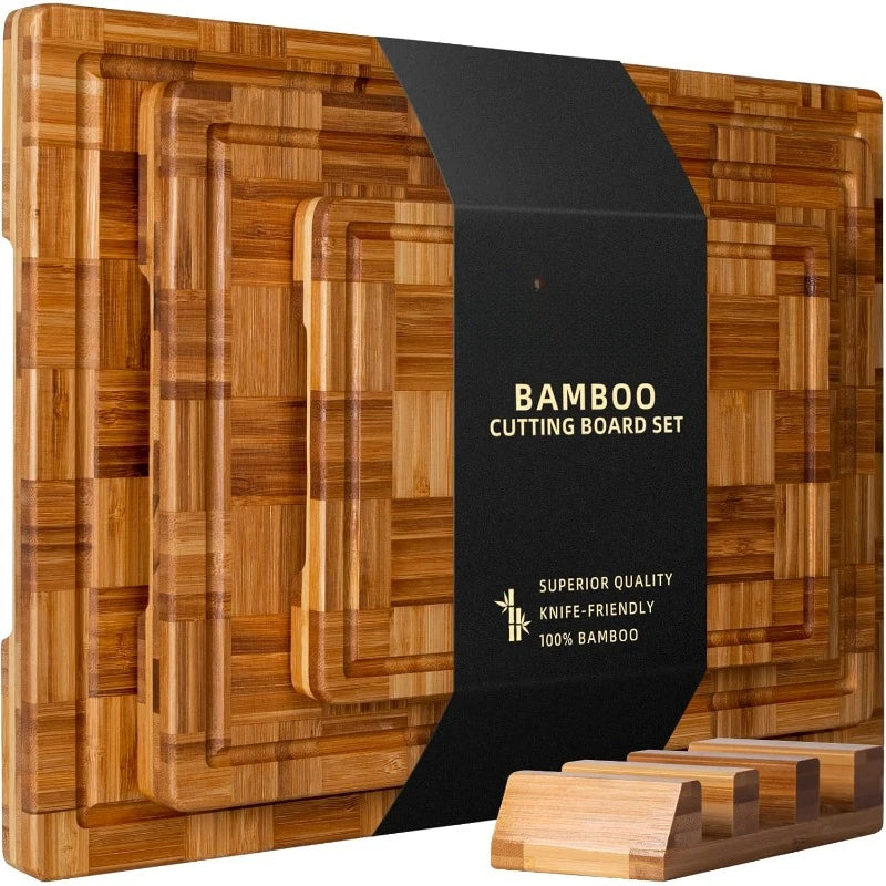 Extra Large Bamboo Cutting Board Set - End Grain Butcher Block and Serving Tray