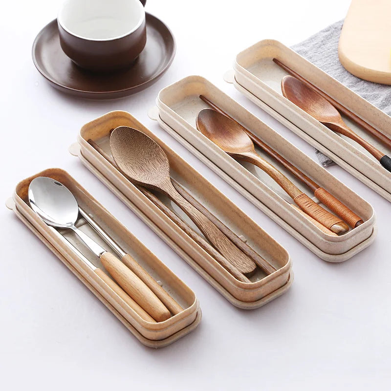 Solid Wood Chopsticks & Stainless Steel Spoon Set with Travel Case