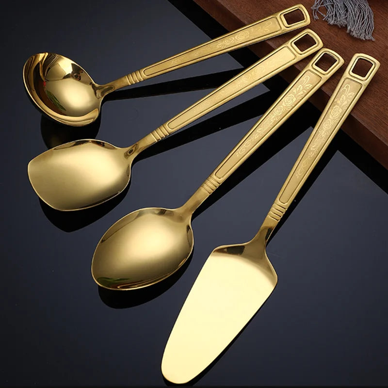 Gold Stainless Steel Kitchen Utensils Set: Spatula, Salad Spoon, Fork, Serving Tools