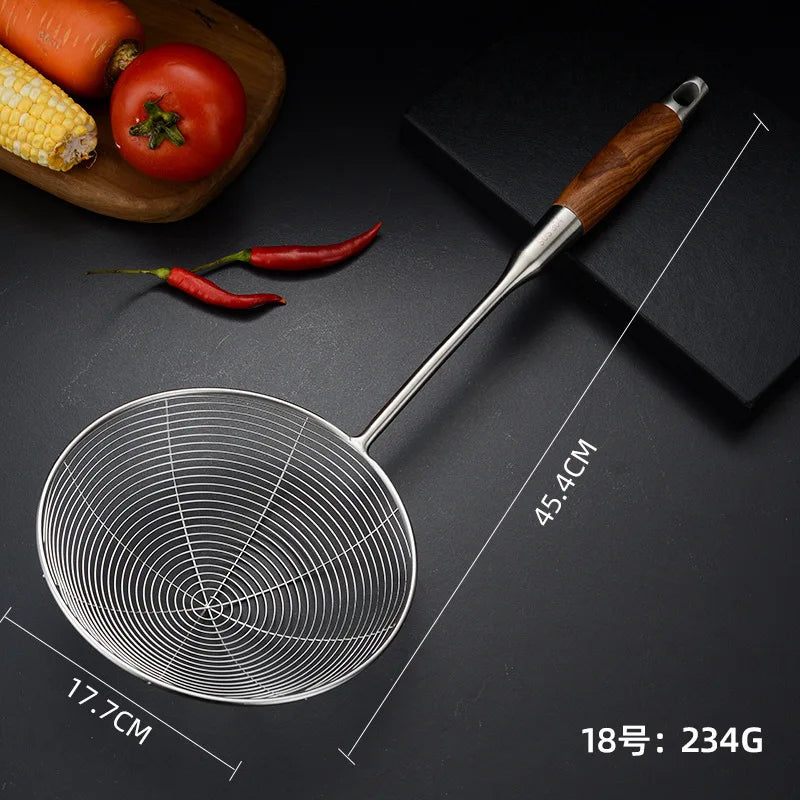 304 Stainless Steel Colander with Wooden Handle Mesh Strainer for Noodles and Fries