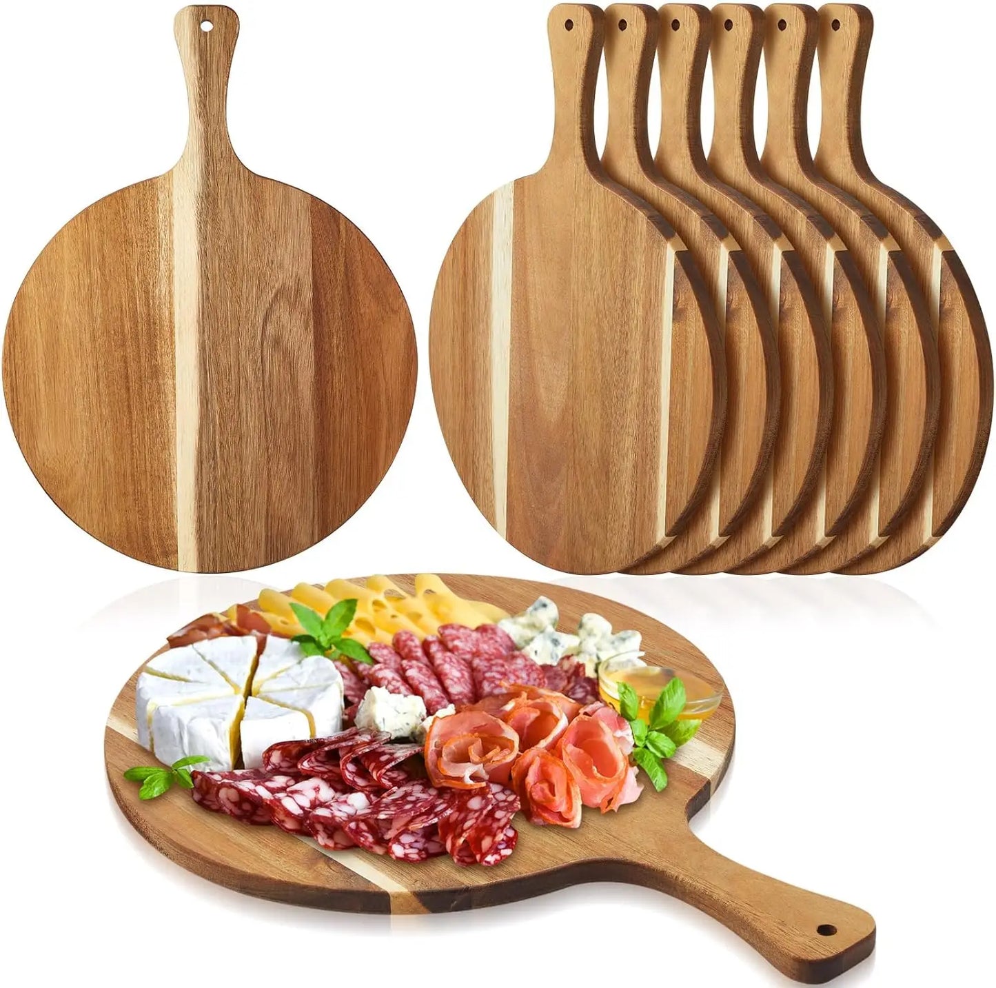 6 Acacia Wood Cutting Boards - 0.6" Thick Round Charcuterie Board with Handle, Large Wooden Chopping Board