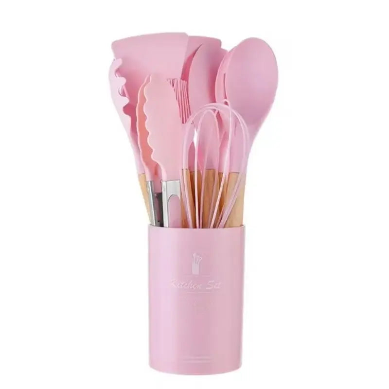 12-Piece Silicone Kitchen Utensils Set with Wooden Handles