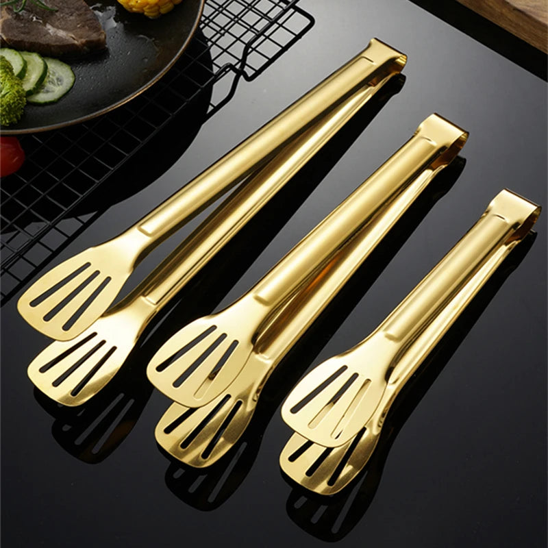 Gold Stainless Steel BBQ Tongs Grill Clamp Cooking Utensils