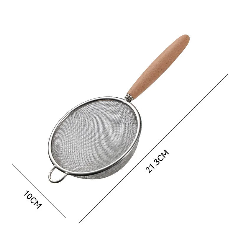 Stainless Steel Colander with Wooden Handle - Multi-function Mesh Sieve Baking Tool