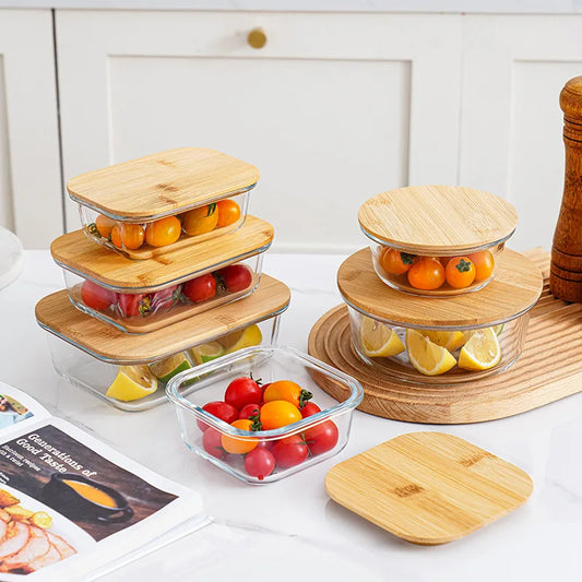 Bamboo Lid Glass Lunch Box Set - Microwave Safe Food Storage Containers