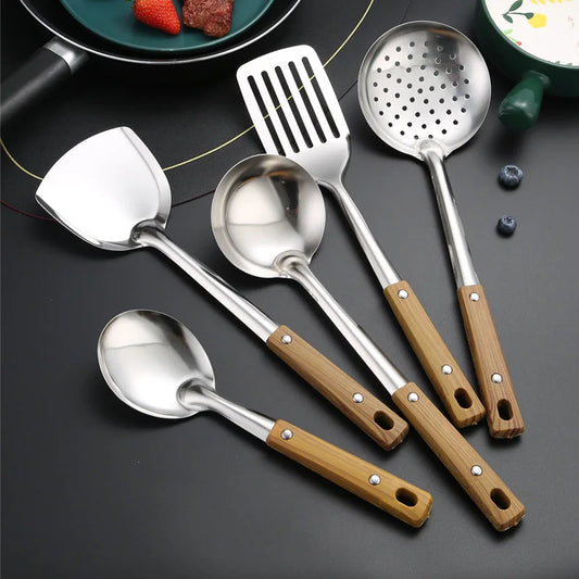 Stainless Steel Kitchen Utensils Set: Spatula, Ladle, Colander, Non-stick Skillet, Wok Turner, Rice Spoon