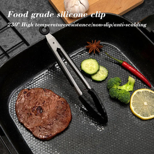 Black Silicone Stainless Steel Food Tongs for BBQ, Camping, Kitchen, Baking