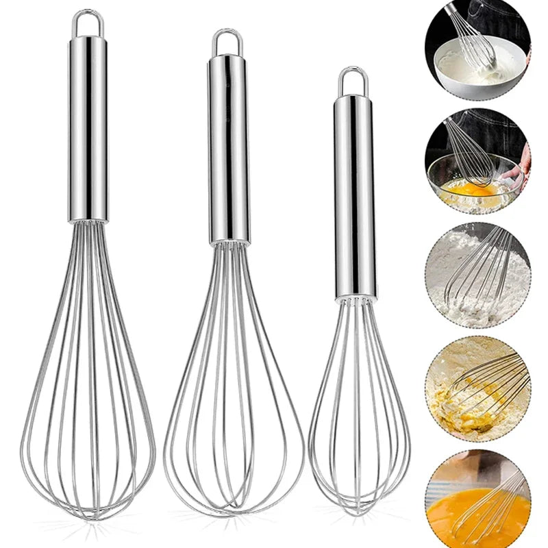 Stainless Steel Manual Egg Beater - 6 Wire Whisks for Baking & Mixing (8-10-12 Inch)