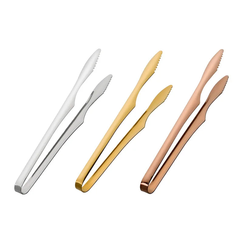 Stainless Steel Non-Slip BBQ Tongs Silver Gold Cake Bread Steak Clip Cooking Utensils