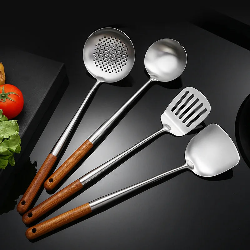 Stainless Steel Cooking Utensil with Wooden Handle: Soup Ladle, Colander, Spatula, Shovel 1Pc