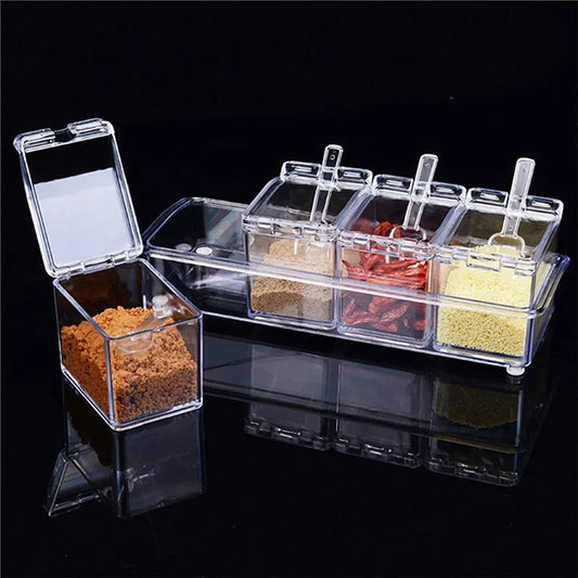 Acrylic Spice Containers Set with Lids and Spoons - 4 Transparent Boxes